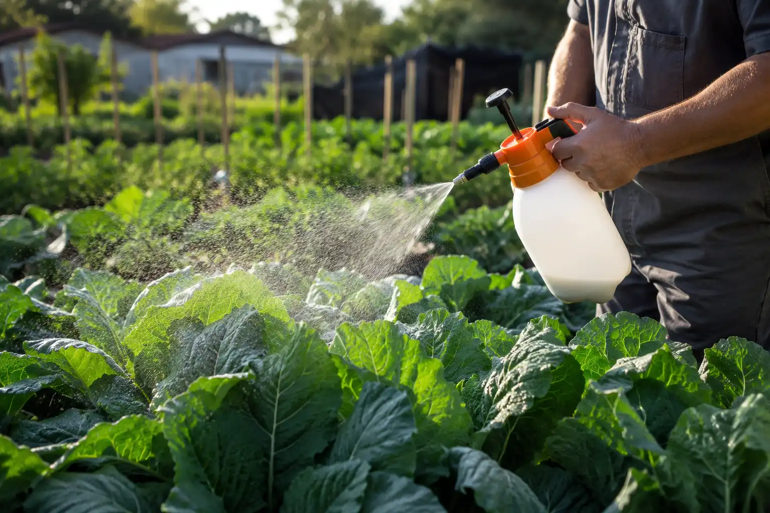 Gardener applying a foliar spray of 20-20-20 fertilizer solution over green vegetable leaves