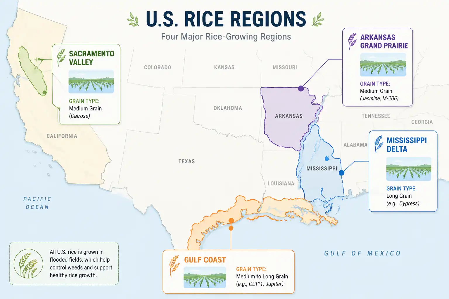 Infographic map of the four US rice regions: the Grand Prairie, Mississippi Delta, Gulf Coast, and Sacramento Valley of California.