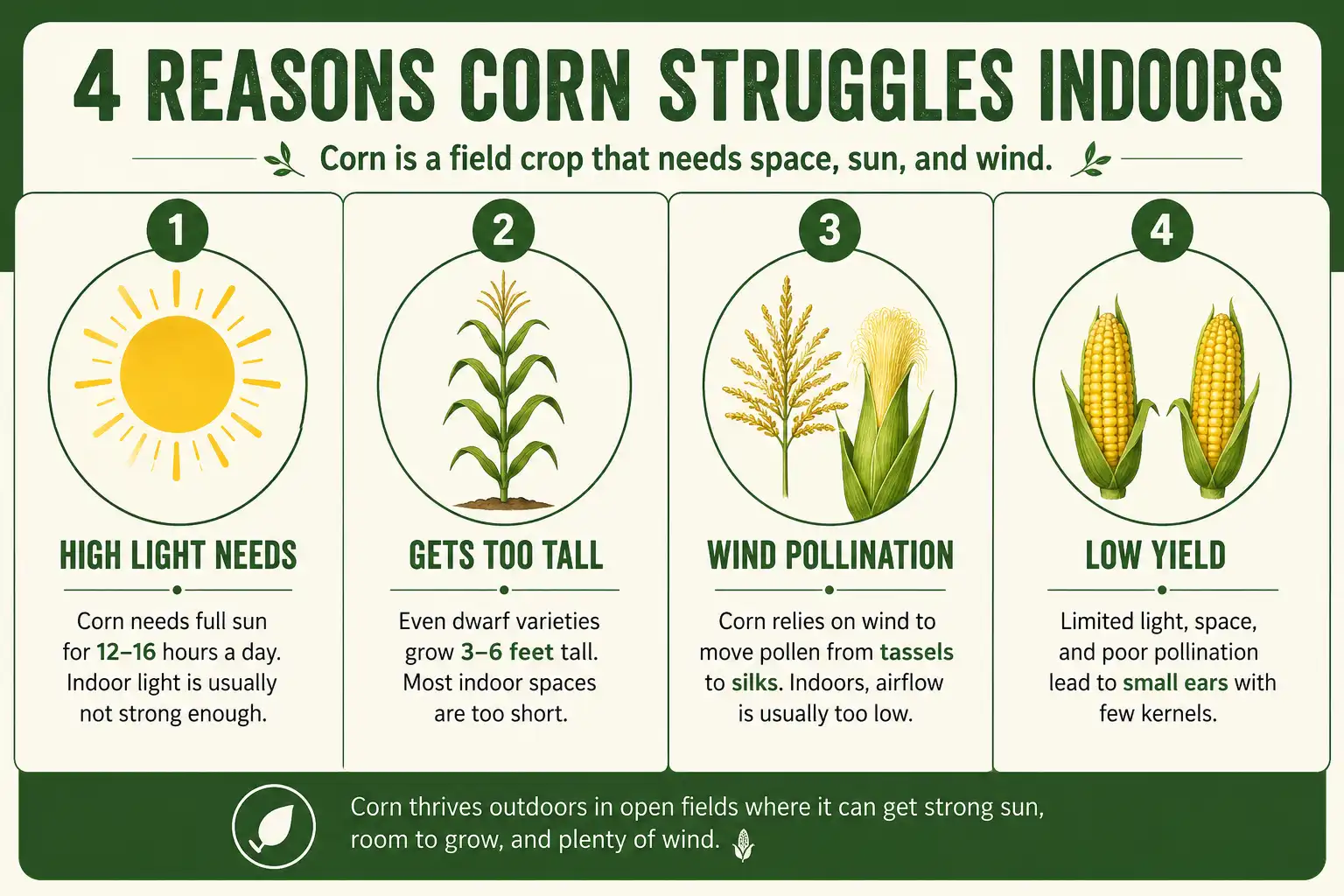 Infographic of four reasons corn is hard to grow indoors including light, height, pollination, and low yield
