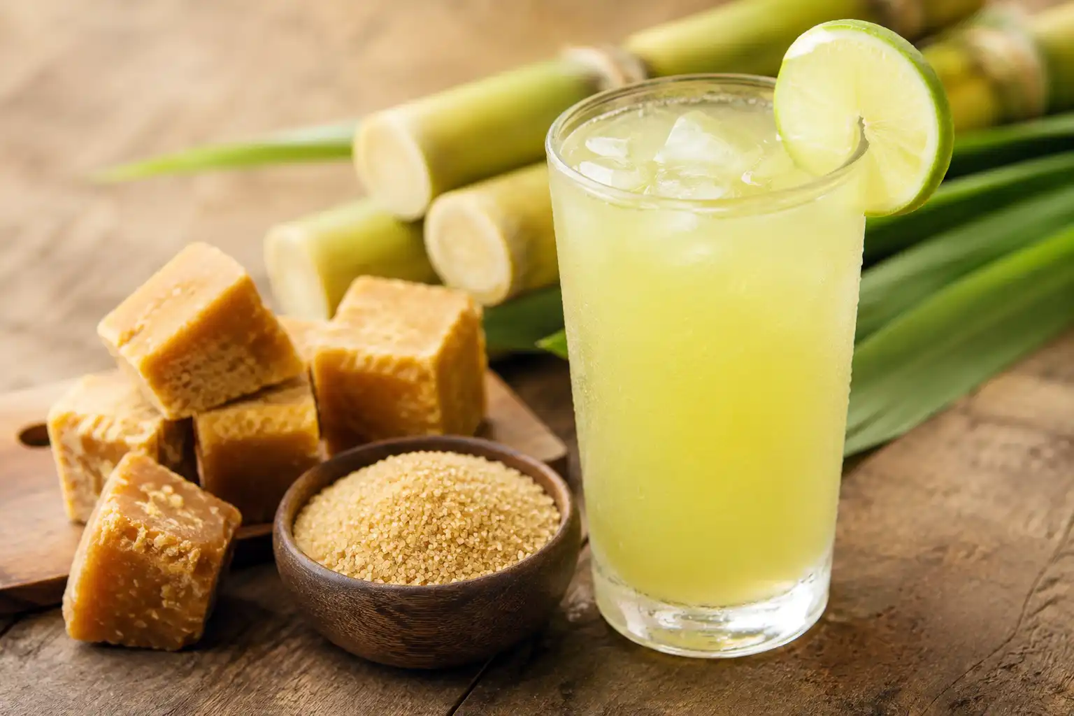 Fresh sugarcane juice, jaggery blocks, and raw cane sugar, all foods made from sugarcane.