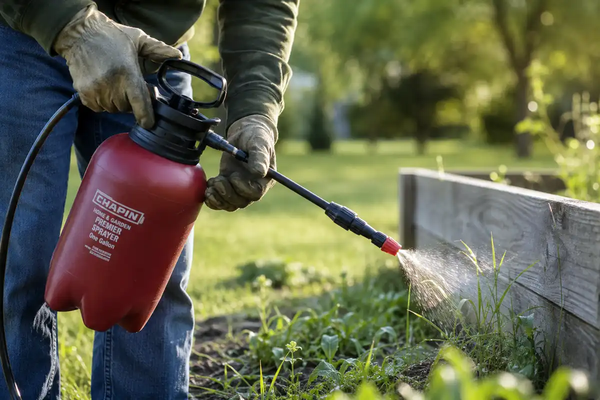 Handheld pump sprayer misting weeds beside a raised garden bed in morning light
