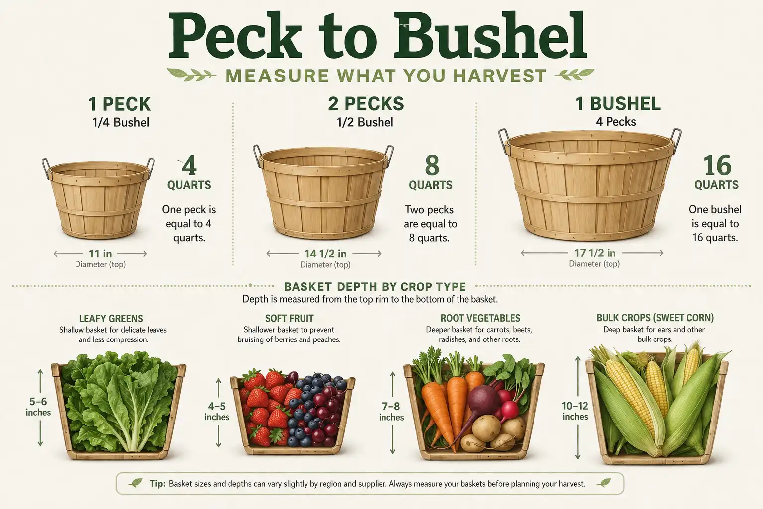 Reference infographic of garden harvest basket capacity in quarts, pecks, and bushels alongside recommended basket depth for greens, soft fruit, roots, and bulk crops