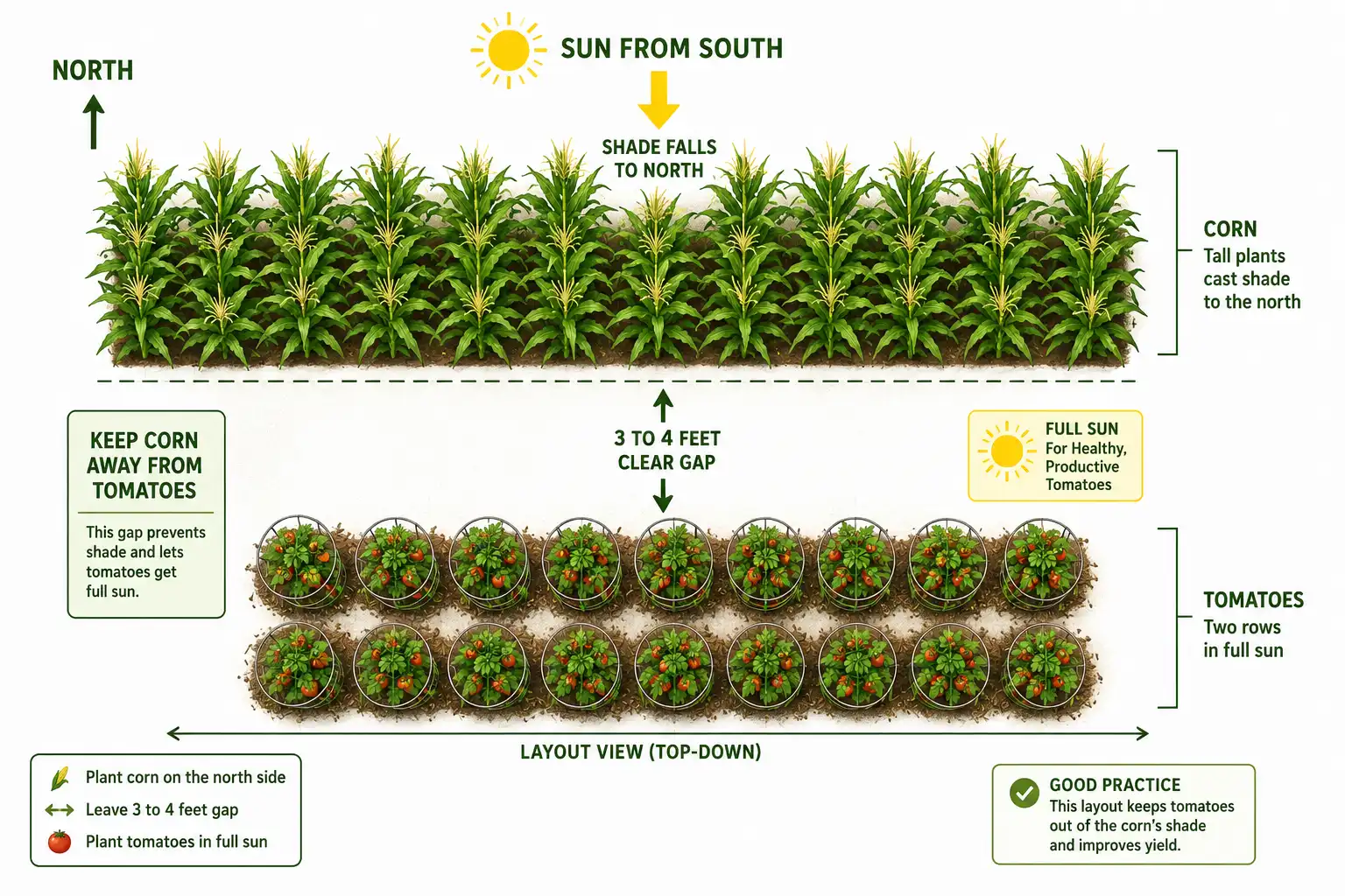 Garden layout of corn planted in a block on the north side with a 3 to 4 foot gap from tomato rows so tomatoes keep full sun