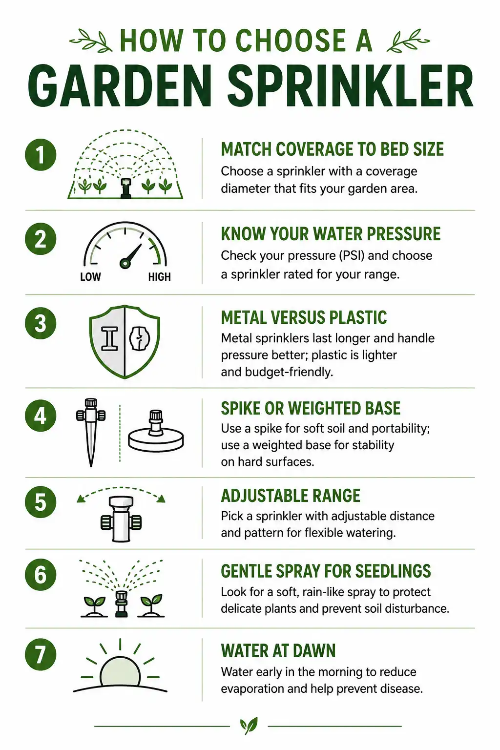 Checklist about how to choose the best sprinkler for garden use by coverage, pressure, material, and base