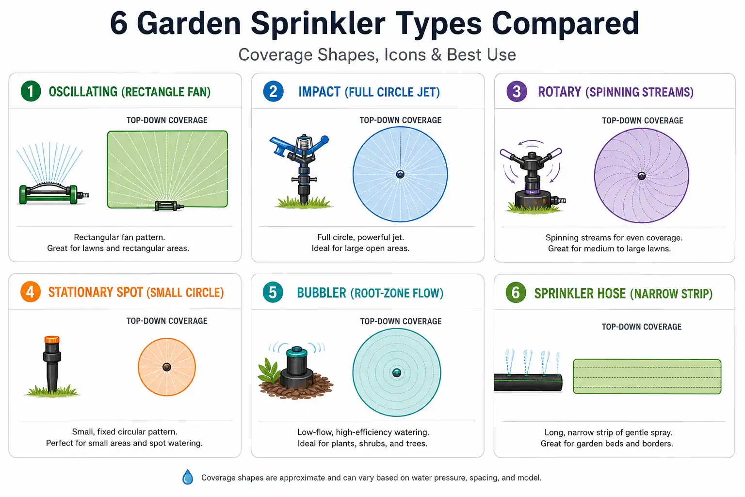 Infographic comparing garden sprinkler types and their coverage shapes for beds and lawns