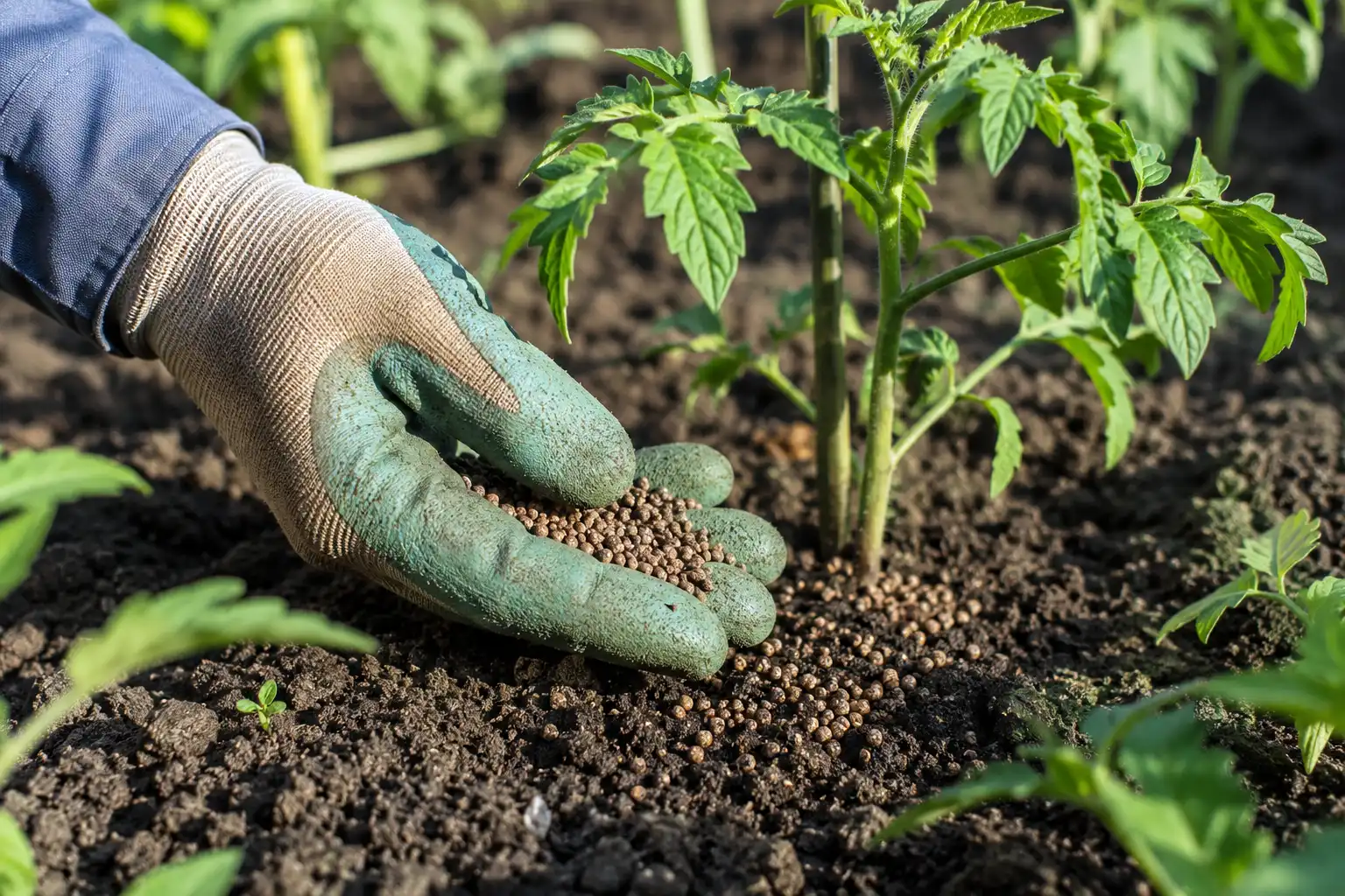 Gardener spreading granular 18-46-0 DAP fertilizer around young vegetable plants in a home garden bed