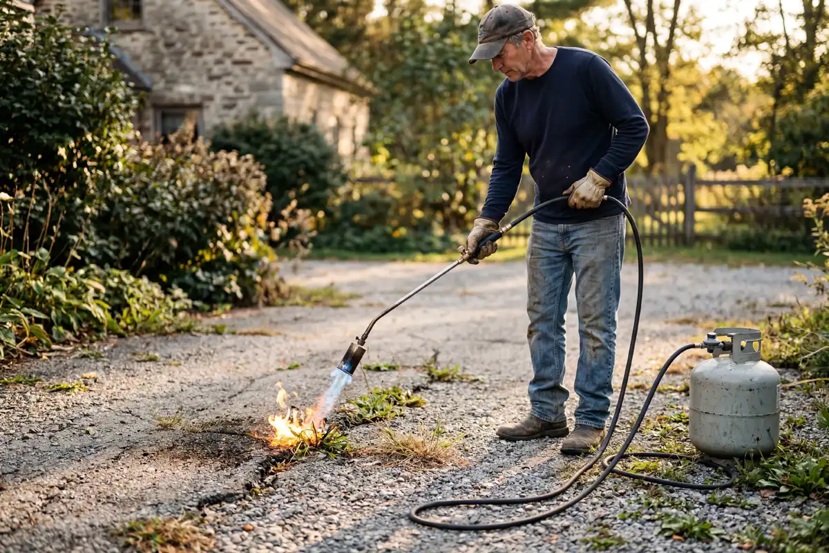 Gardener using a propane weed burner to kill weeds in driveway cracks