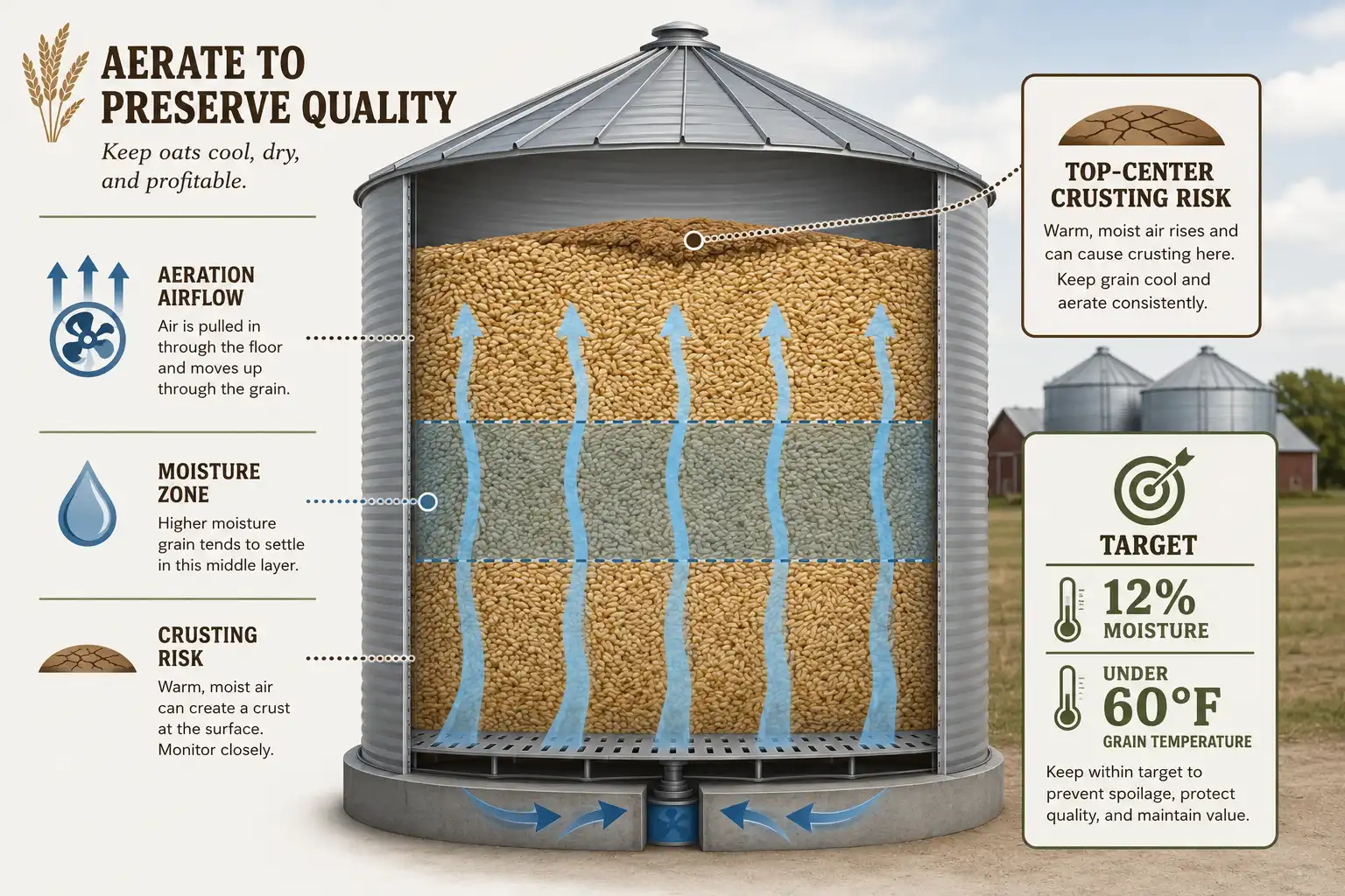 Cutaway diagram of a grain bin storing oats, about aeration airflow, moisture zones, top crusting risk, and targets for moisture and temperature