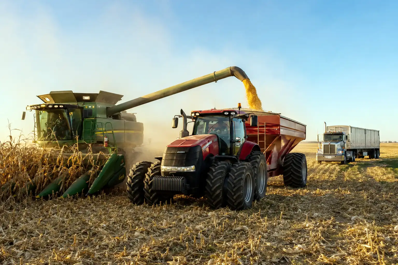 Combine augering shelled corn into a grain cart beside a semi truck during corn harvest in a Kansas field