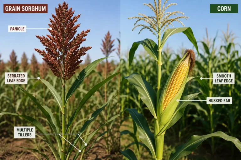 Sorghum is the crop most often mistaken for corn, shown beside corn with its open panicle, serrated leaf edge, and multiple tillers marked.