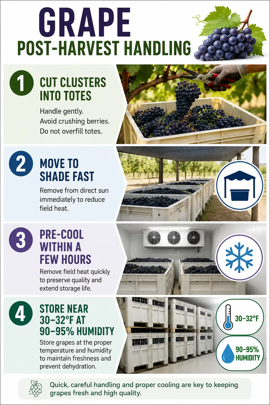 Infographic about grape post harvest steps cooling fast and cold storage temperature and humidity targets