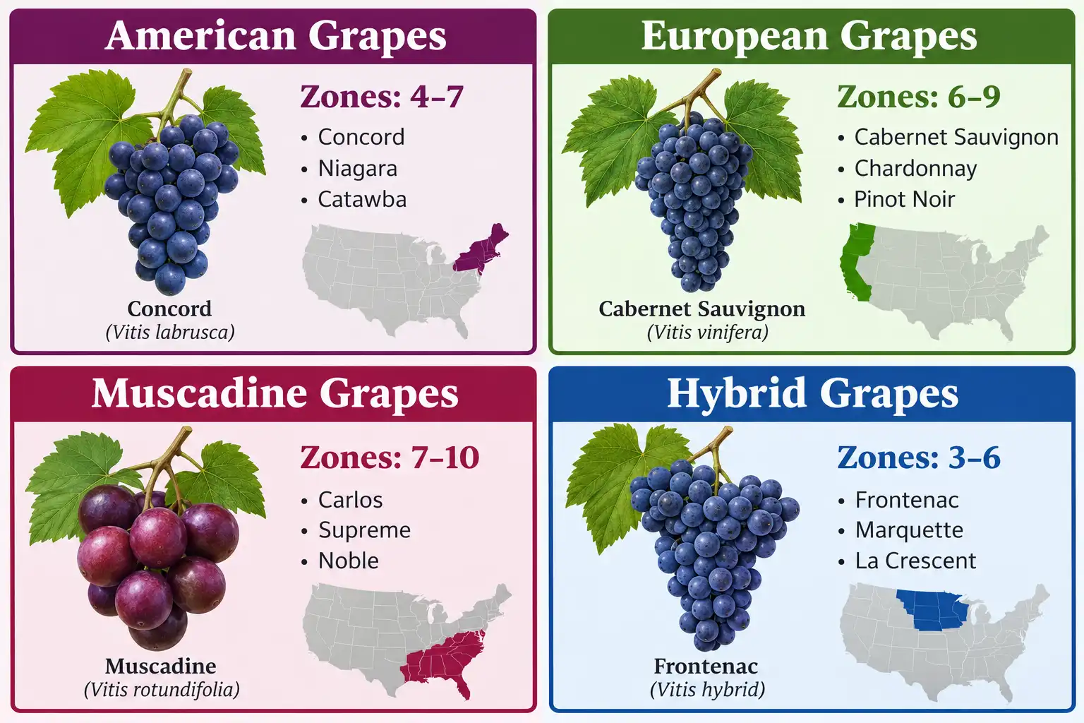 Infographic matching American, European, muscadine, and hybrid grapes to the US regions and USDA zones where each grows best