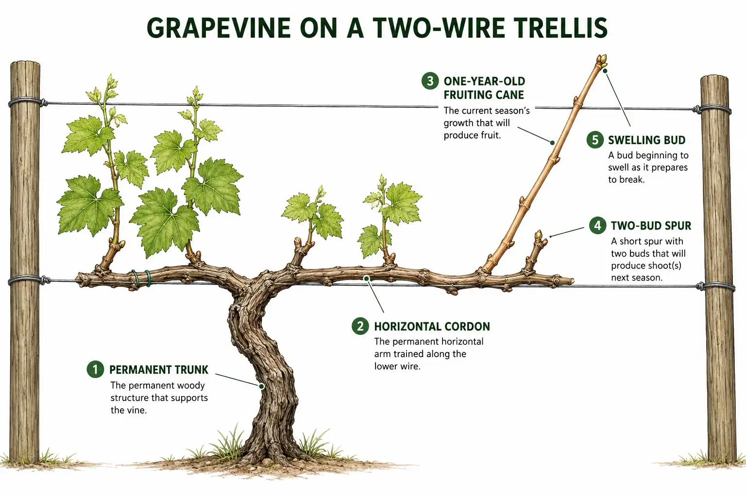 Diagram labeling grapevine wood parts including trunk, cordon, one-year-old cane, spur, and bud