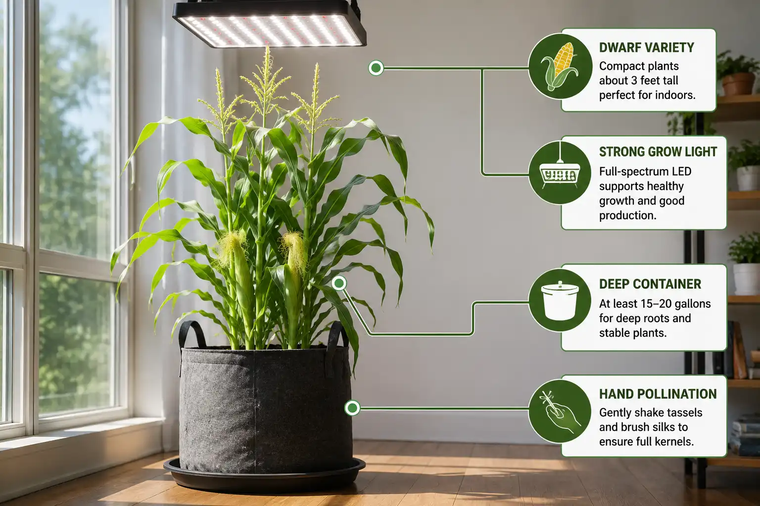 Dwarf corn growing indoors in a grow bag under an LED light