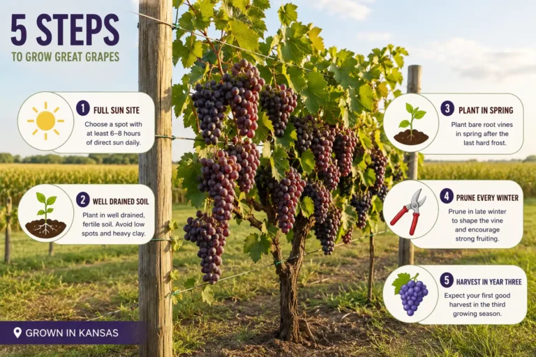Infographic about how to grow grapes in five steps from a sunny site to harvest on a trellis
