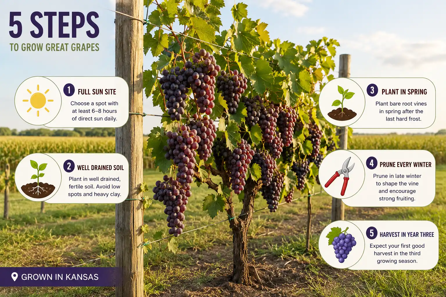 Infographic about how to grow grapes in five steps from a sunny site to harvest on a trellis