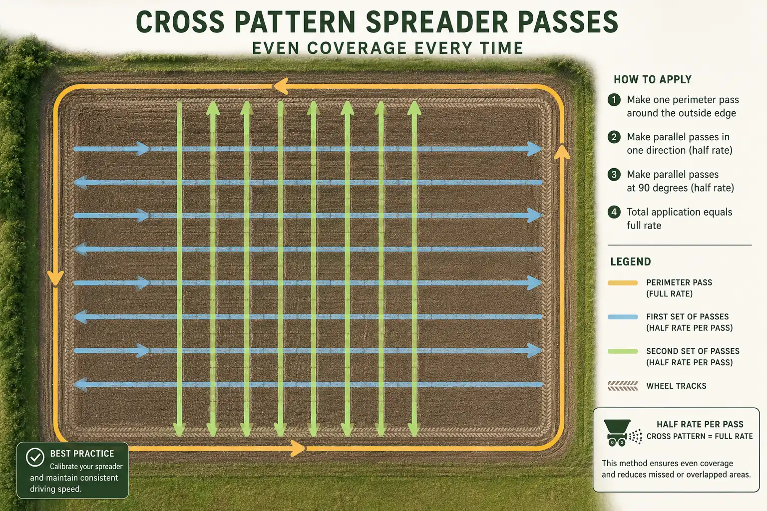 Field diagram of half rate passes crossing at right angles with a perimeter pass first to avoid fertilizer streaks