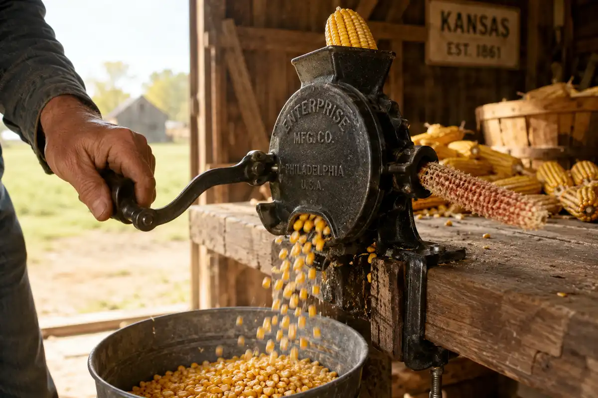 Hand crank corn sheller shelling dried dent corn into a bucket