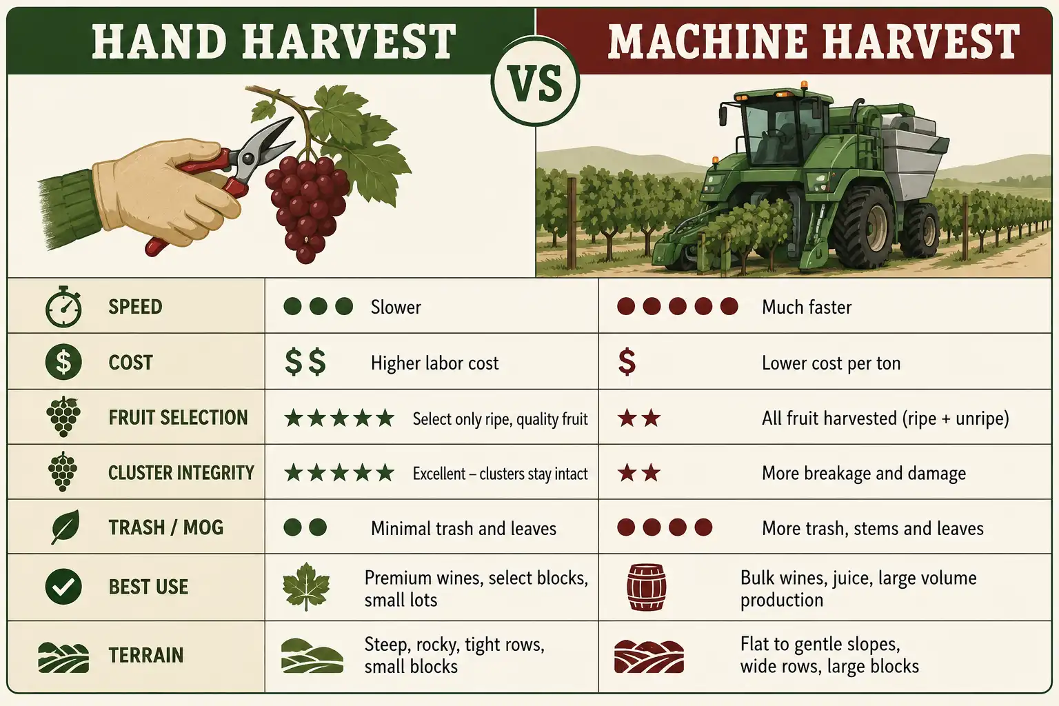Comparison chart of hand grape harvesting versus machine harvesting by speed cost selection and best use