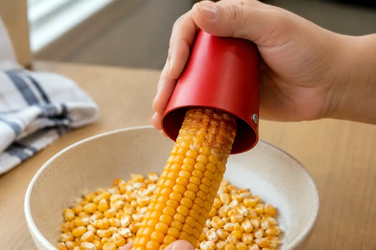 Handheld cone corn sheller removing kernels from one ear