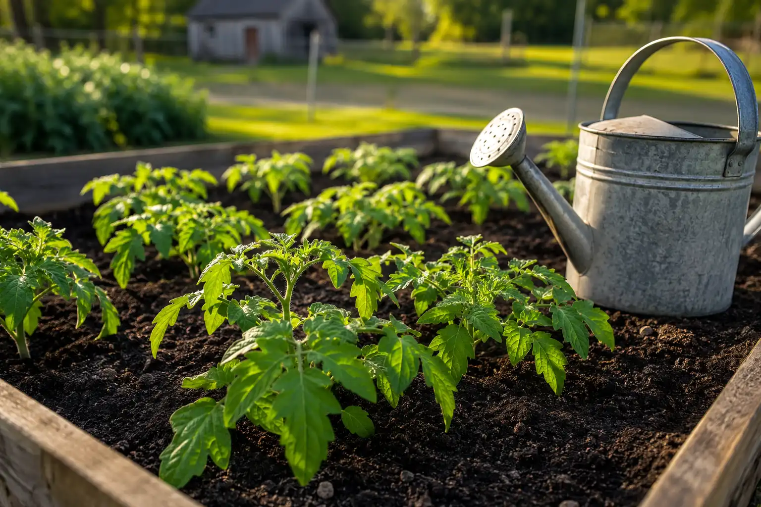 Young garden transplants with dark green leaves responding to a balanced 20-20-20 water-soluble feed