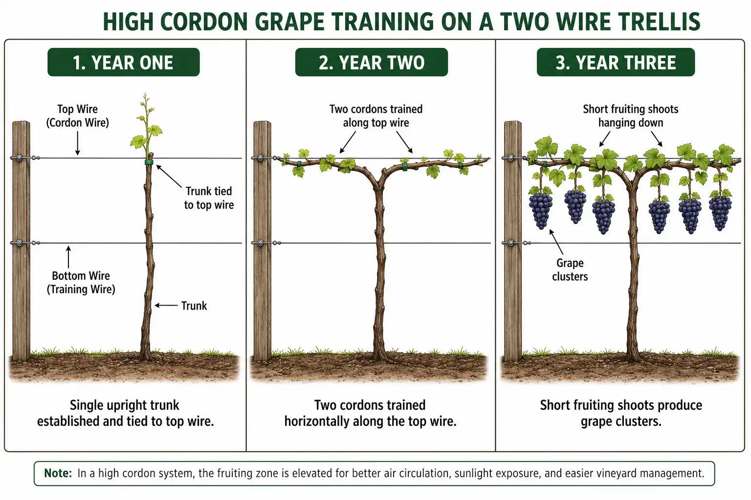 Diagram about how to train a grapevine on a high cordon trellis over three growing seasons