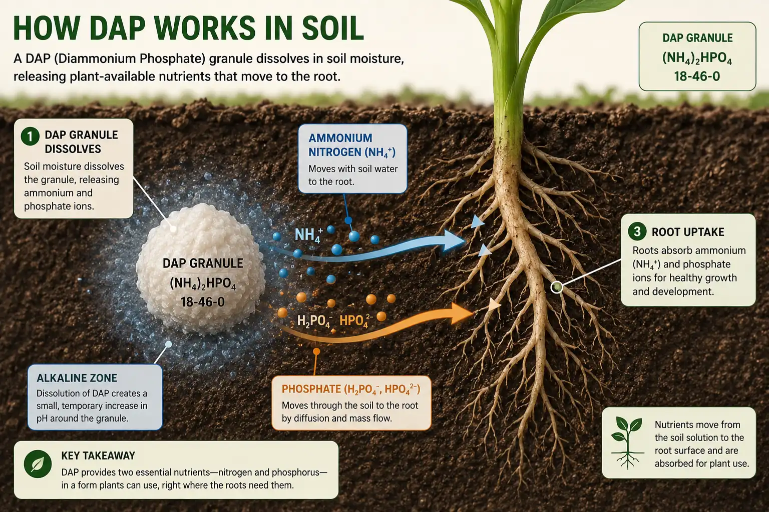 Infographic of an 18-46-0 DAP granule dissolving in soil and releasing phosphate and ammonium to a young root