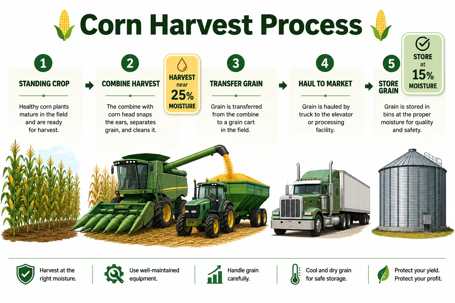 Infographic of how farmers harvest corn from field to combine to grain cart to storage bin, with harvest and storage moisture targets