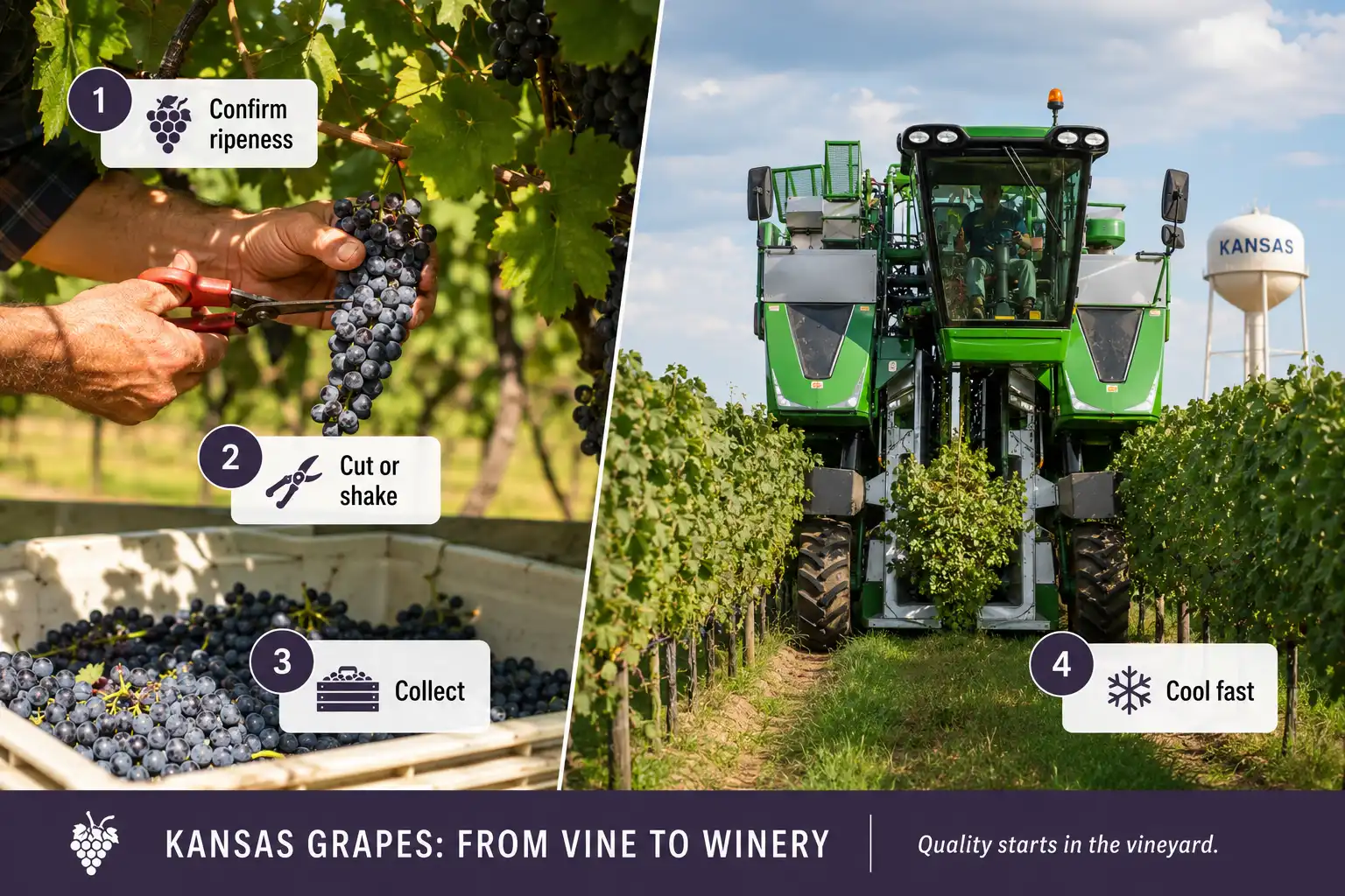Two ways grapes are harvested hand cutting and machine picking