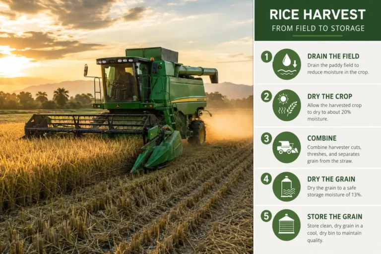 Infographic of how rice is harvested, a combine cutting a drained paddy at about 20 percent grain moisture