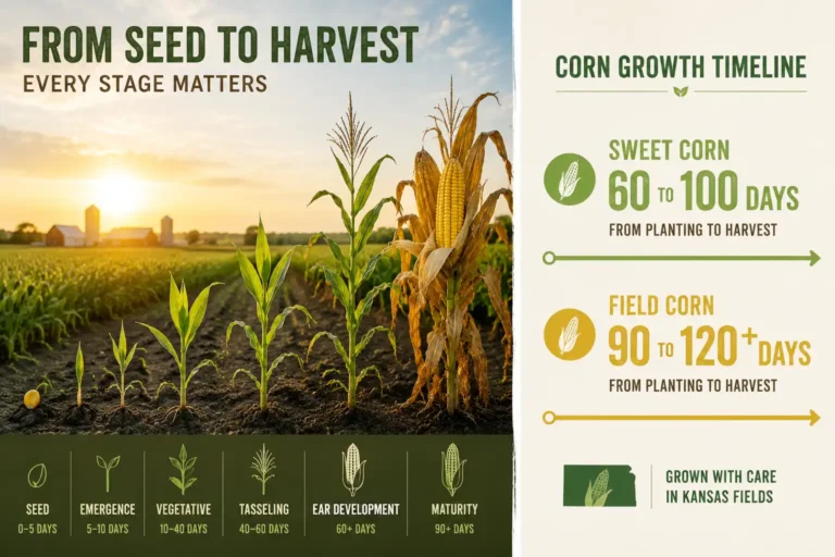 Infographic about how long it takes corn to grow from seed, sweet corn 60 to 100 days and field corn 90 to 120 days