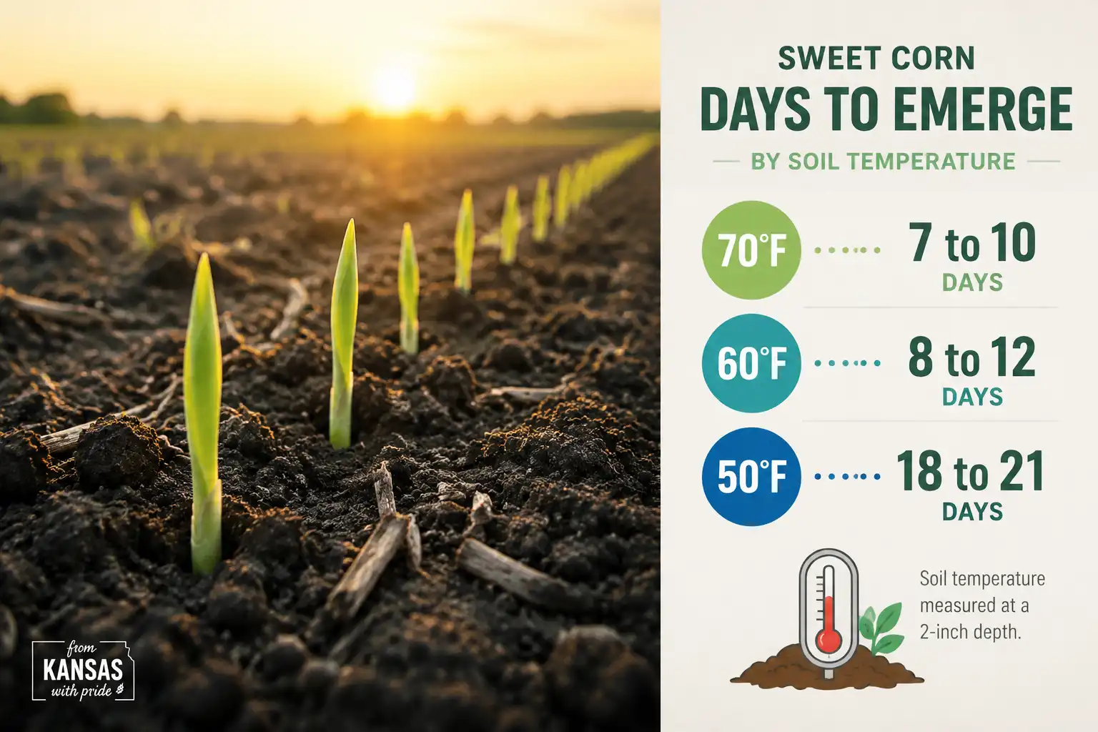 Sweet corn germination usually takes 7 to 10 days in warm soil. See how soil temp, seed type, and depth change how fast your corn comes up.