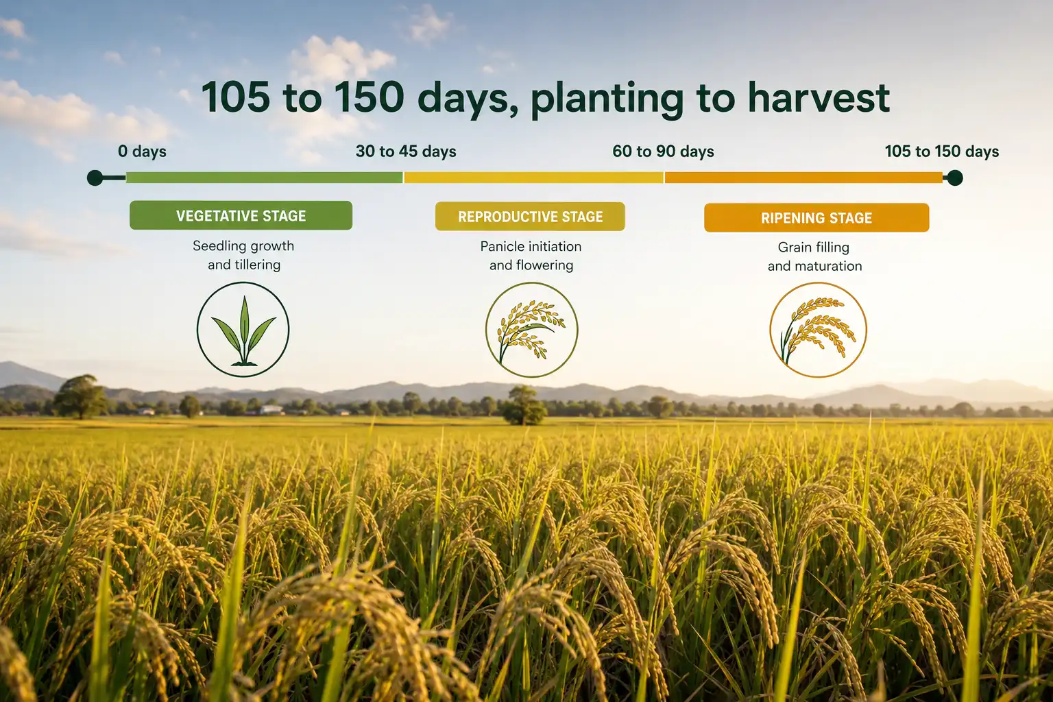 Rice take to grow 105 to 150 days across three growth stages, over a golden rice field