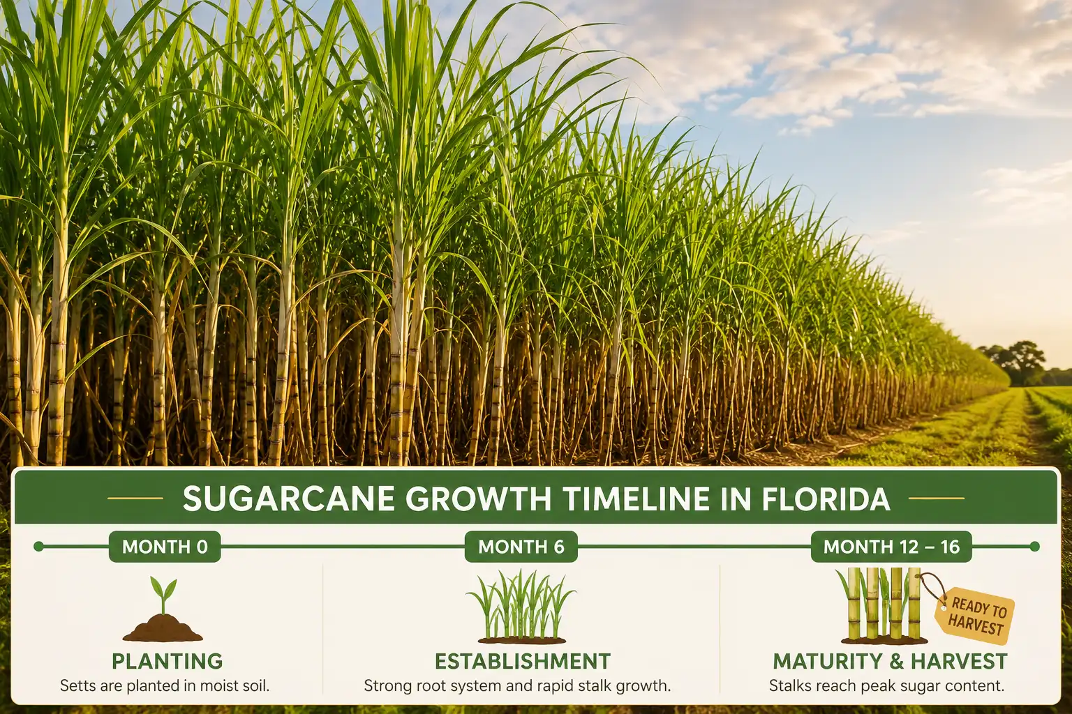 Infographic timeline about how long sugarcane takes to grow, from planting to first harvest at 12 to 16 months in the US
