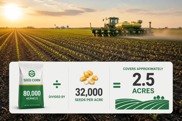 Infographic of how many acres a bag of seed corn plants, with an 80,000 kernel bag covering about 2 to 3 acres