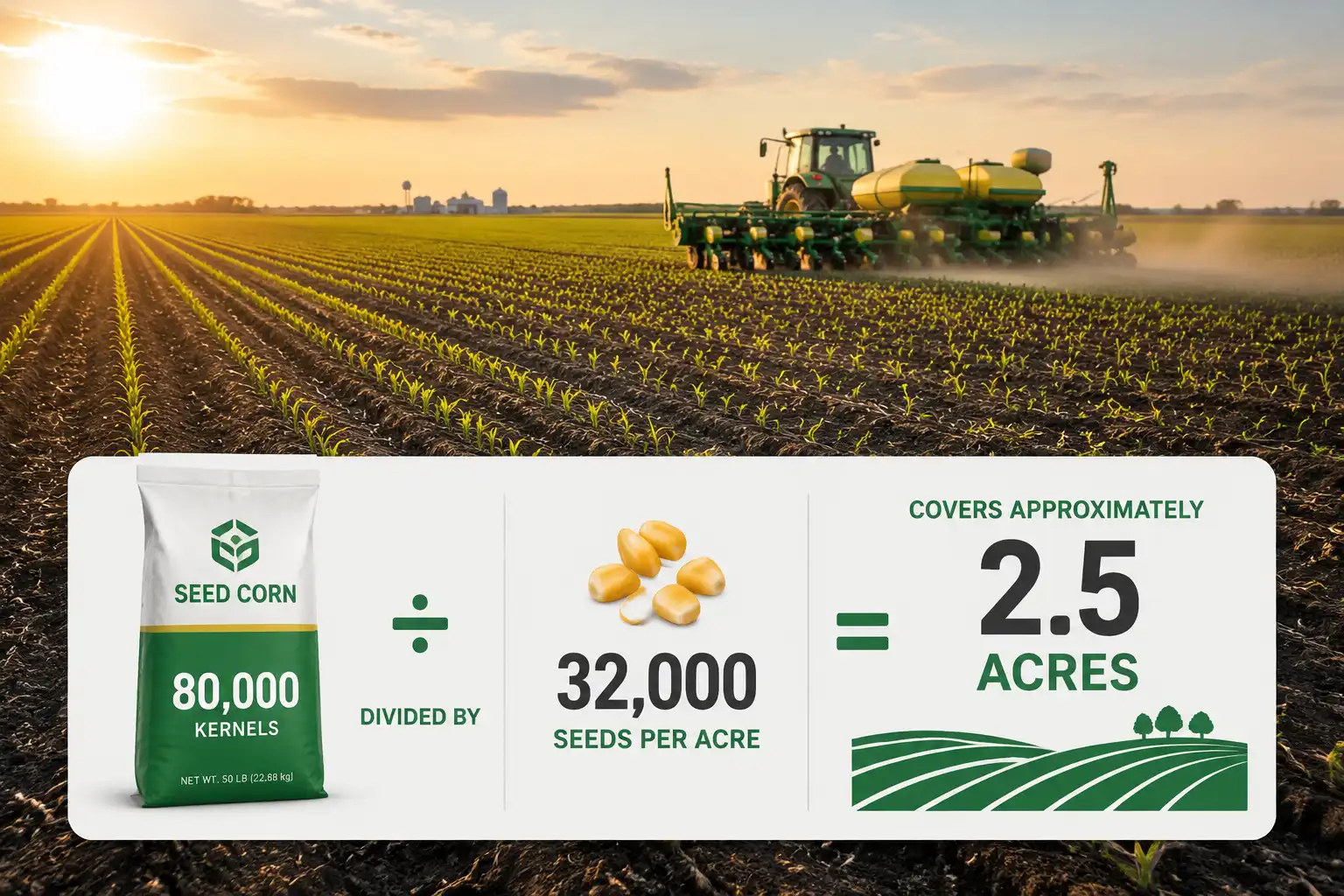 Infographic of how many acres a bag of seed corn plants, with an 80,000 kernel bag covering about 2 to 3 acres