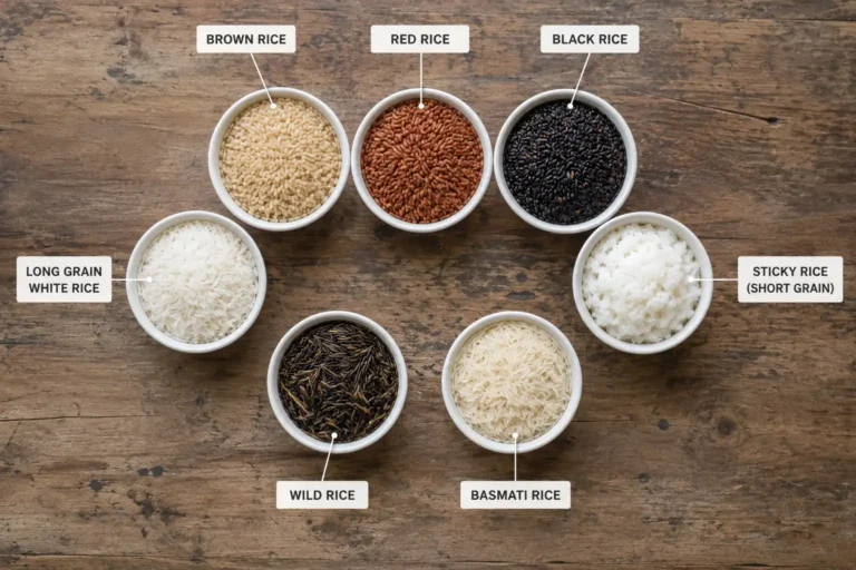 Labeled rice bowls of the main types of rice and the 40,000-plus varieties worldwide