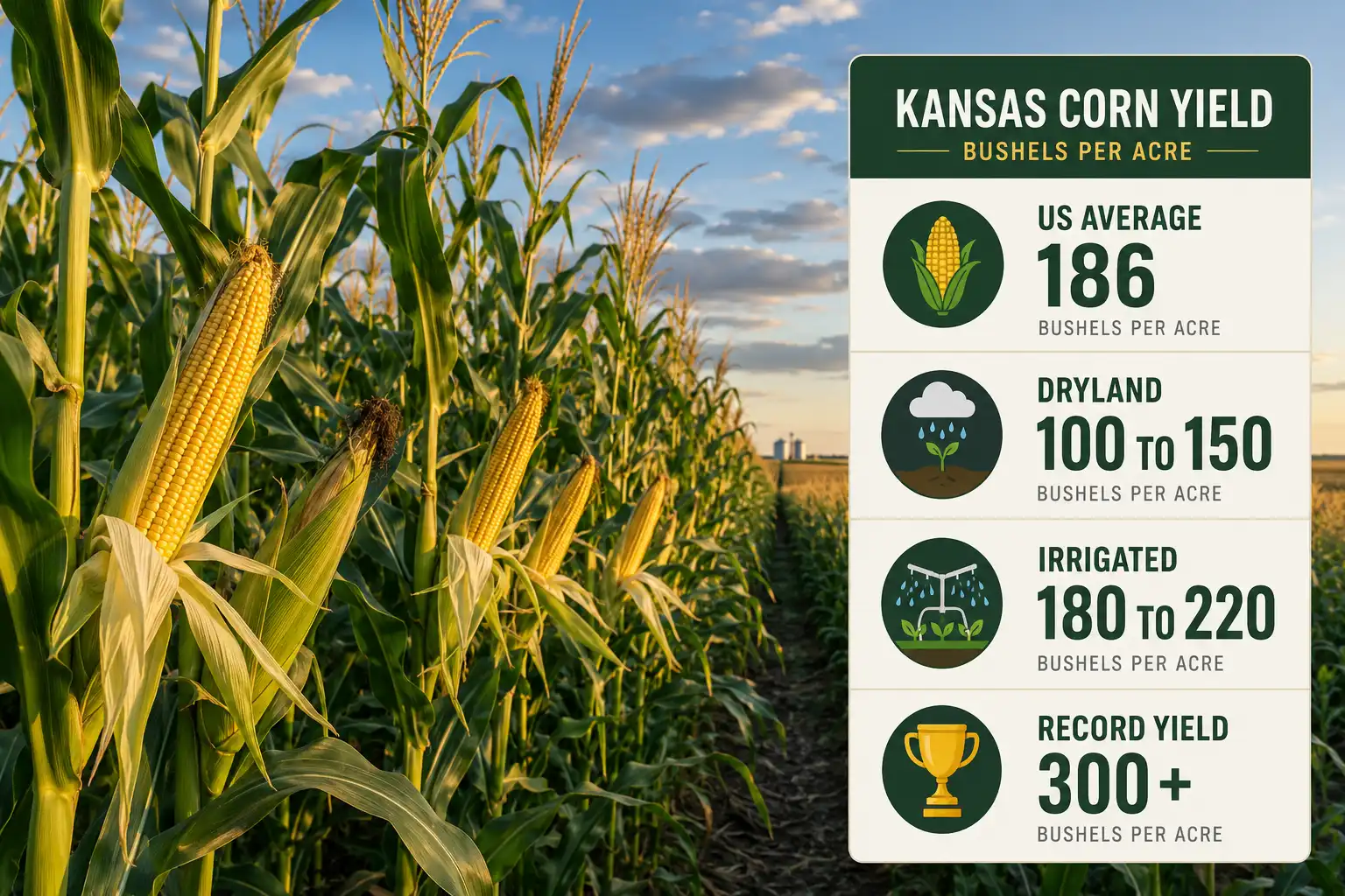 Chart over a Kansas cornfield about how much corn you can grow per acre, from 150 to over 300 bushels.