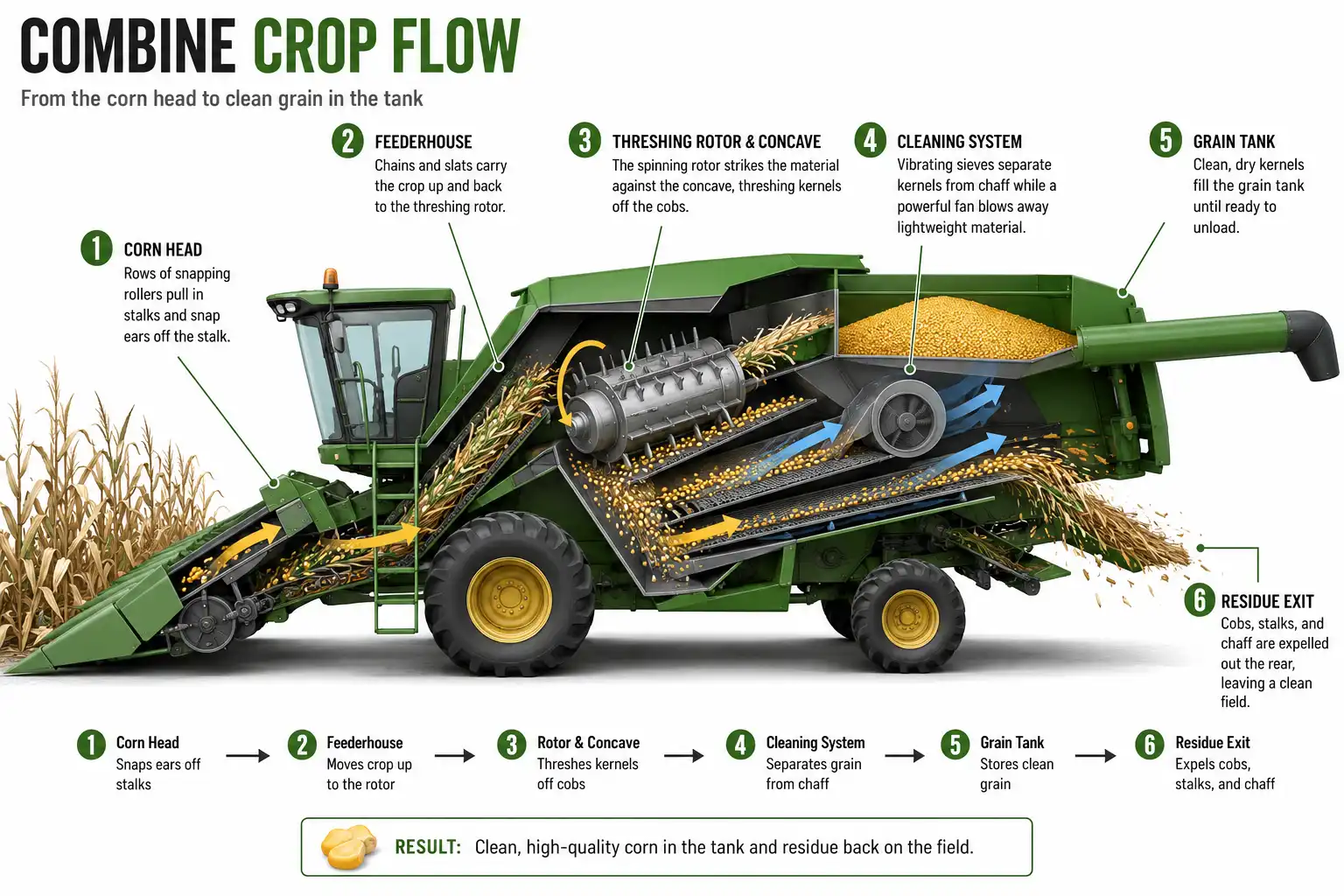 Cutaway diagram of a combine showing how the corn head, rotor, sieves, and fan turn