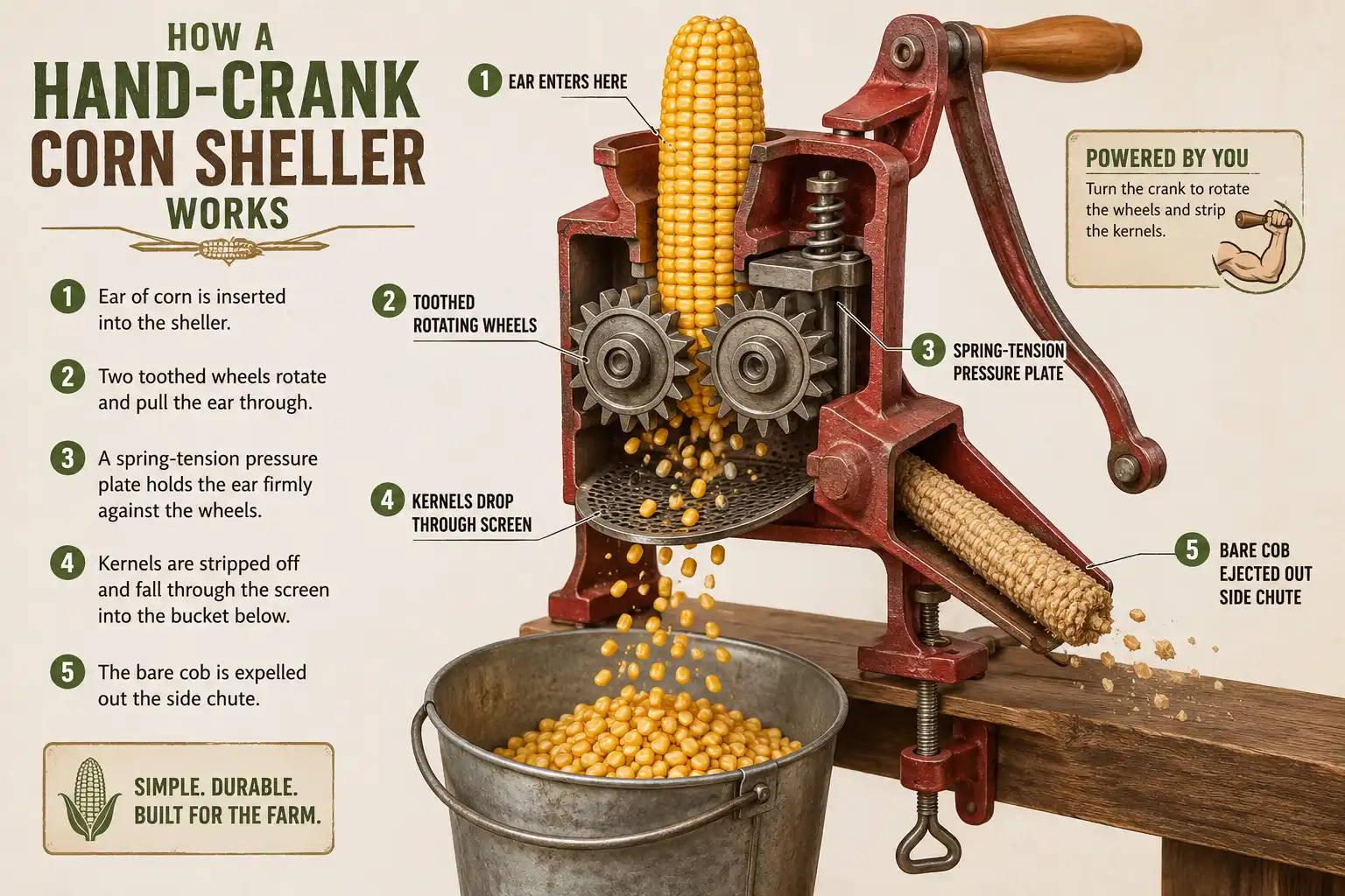 Diagram of how a corn sheller uses toothed wheels and spring tension to strip kernels and eject the cob