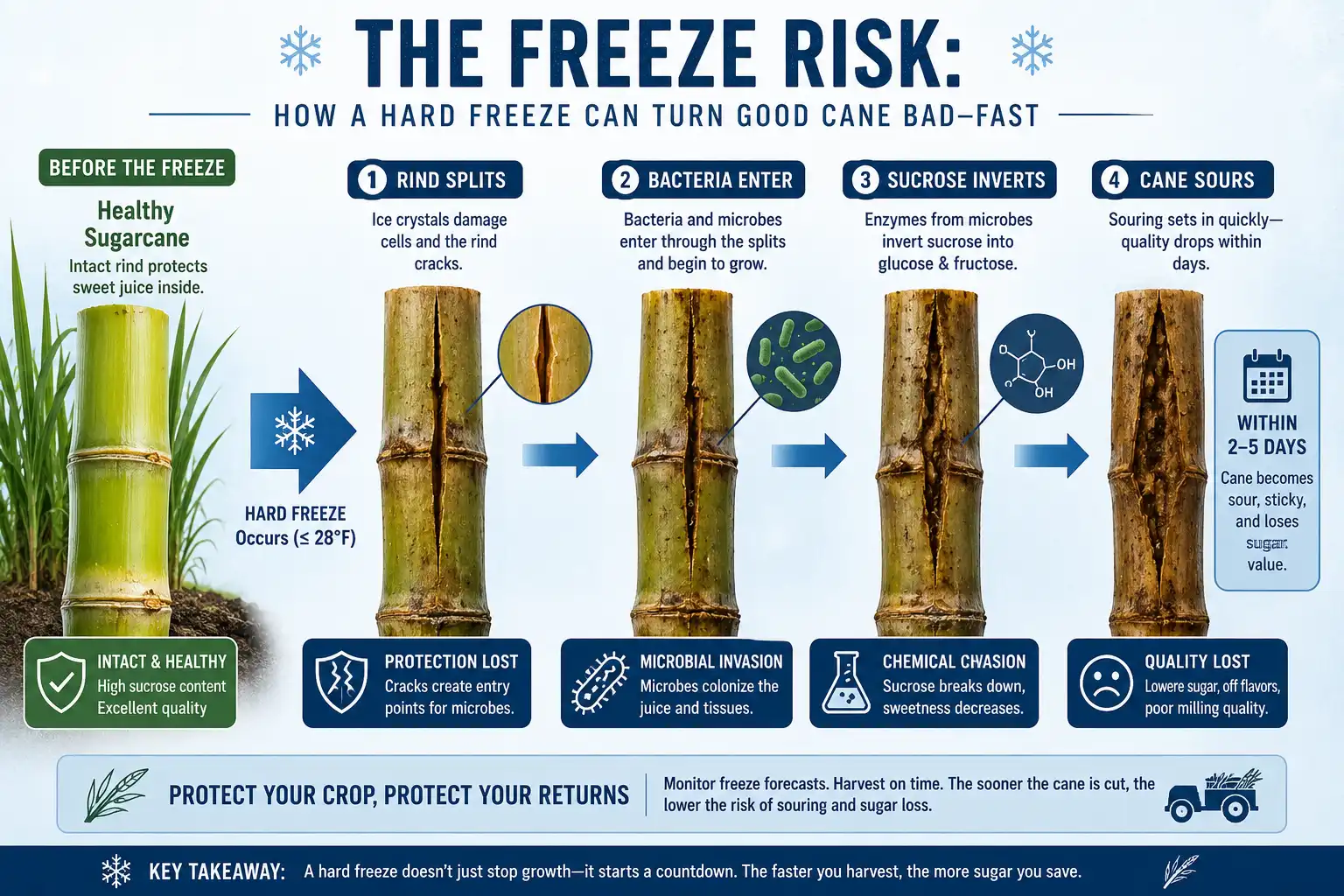 Timeline infographic about how a hard freeze cracks sugarcane, lets in bacteria, inverts sucrose, and sours the cane within days.