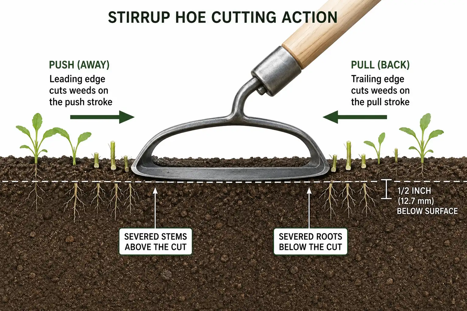 Diagram of a stirrup hoe cutting weeds below the soil surface on both the push and pull stroke