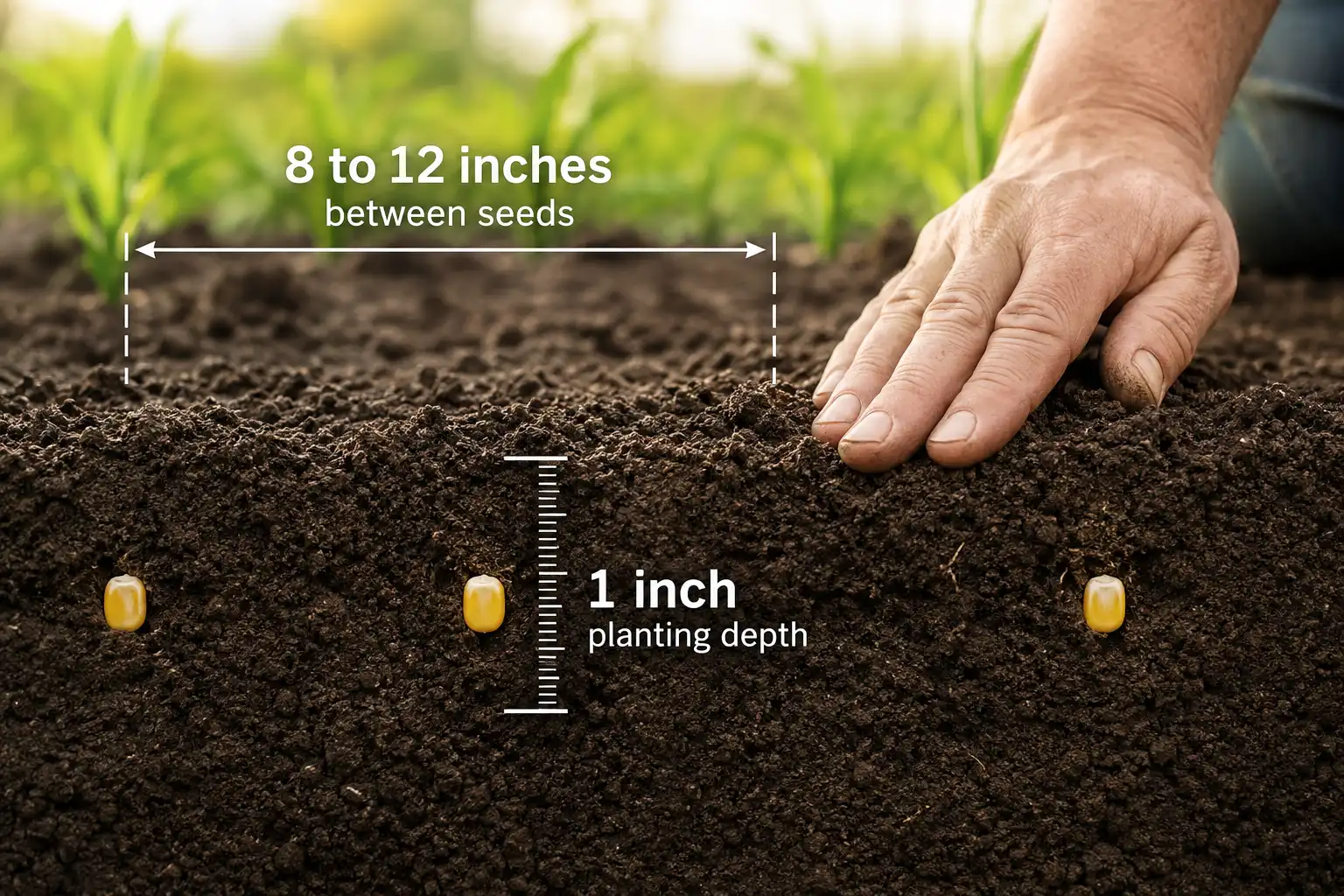 a sweet corn seed planted 1 inch deep with markers for 1 inch depth and 8 to 12 inch spacing