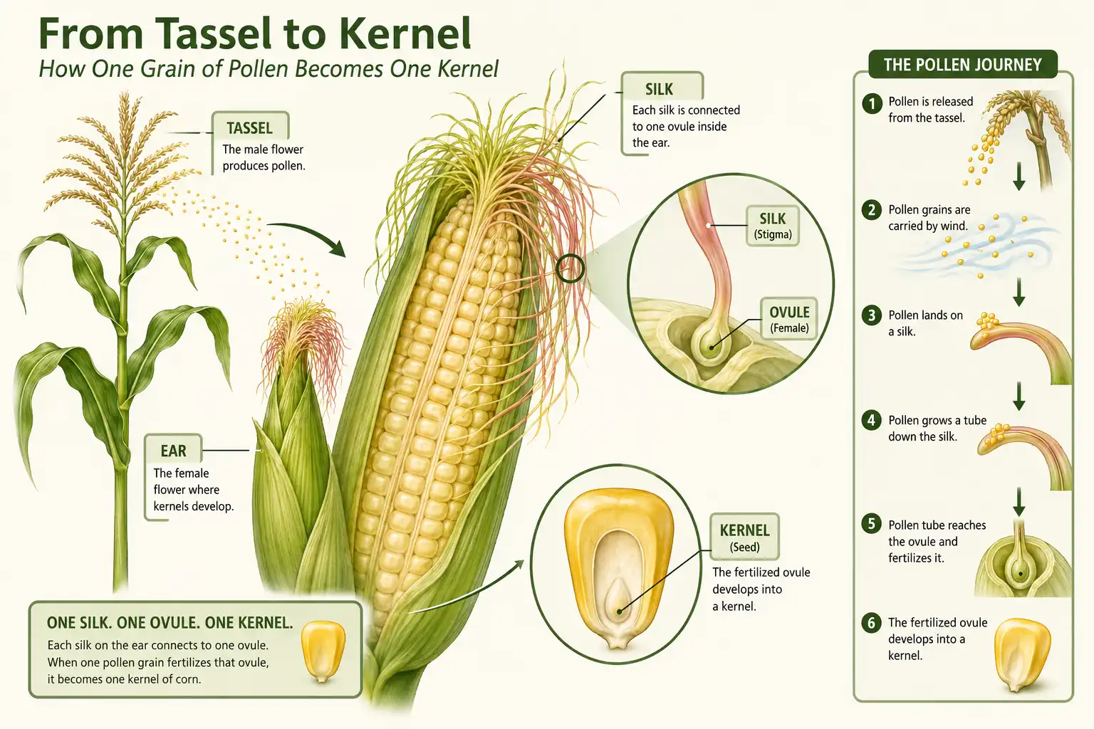 Diagram about how each corn silk must be pollinated to form one kernel, explaining why missed pollination leaves gaps