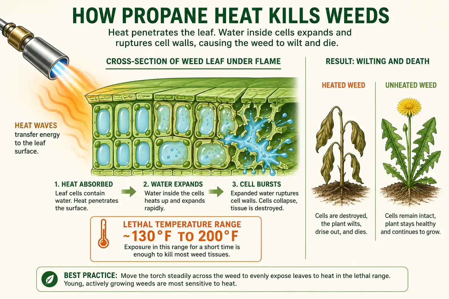 Infographic of how flame weeding heats weed cells until the walls rupture, causing the plant to wilt and die