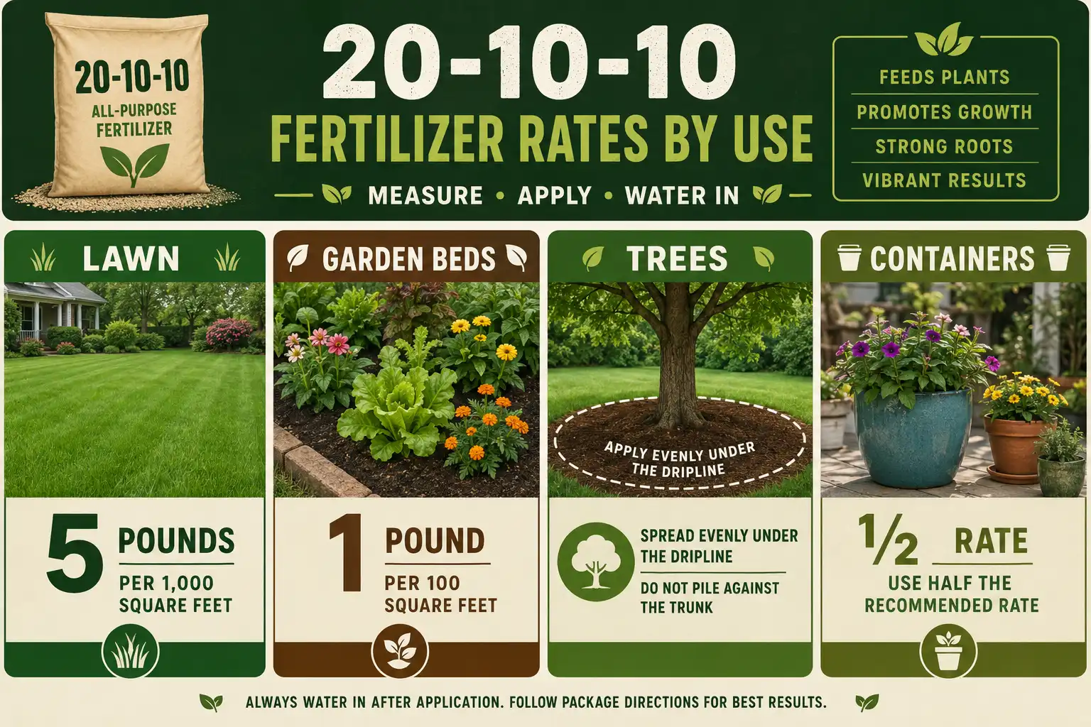 Infographic of how much 20-10-10 fertilizer to apply on lawns, garden beds, trees, and containers