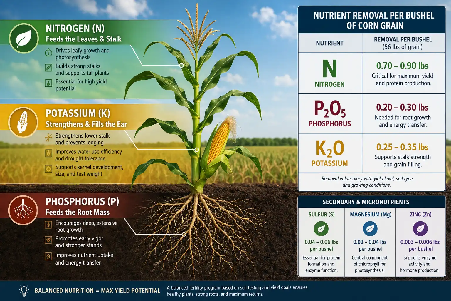 Diagram of which nutrients corn needs and where each one works in the plant, plus removal per bushel, to help you choose the best fertilizer for corn.
