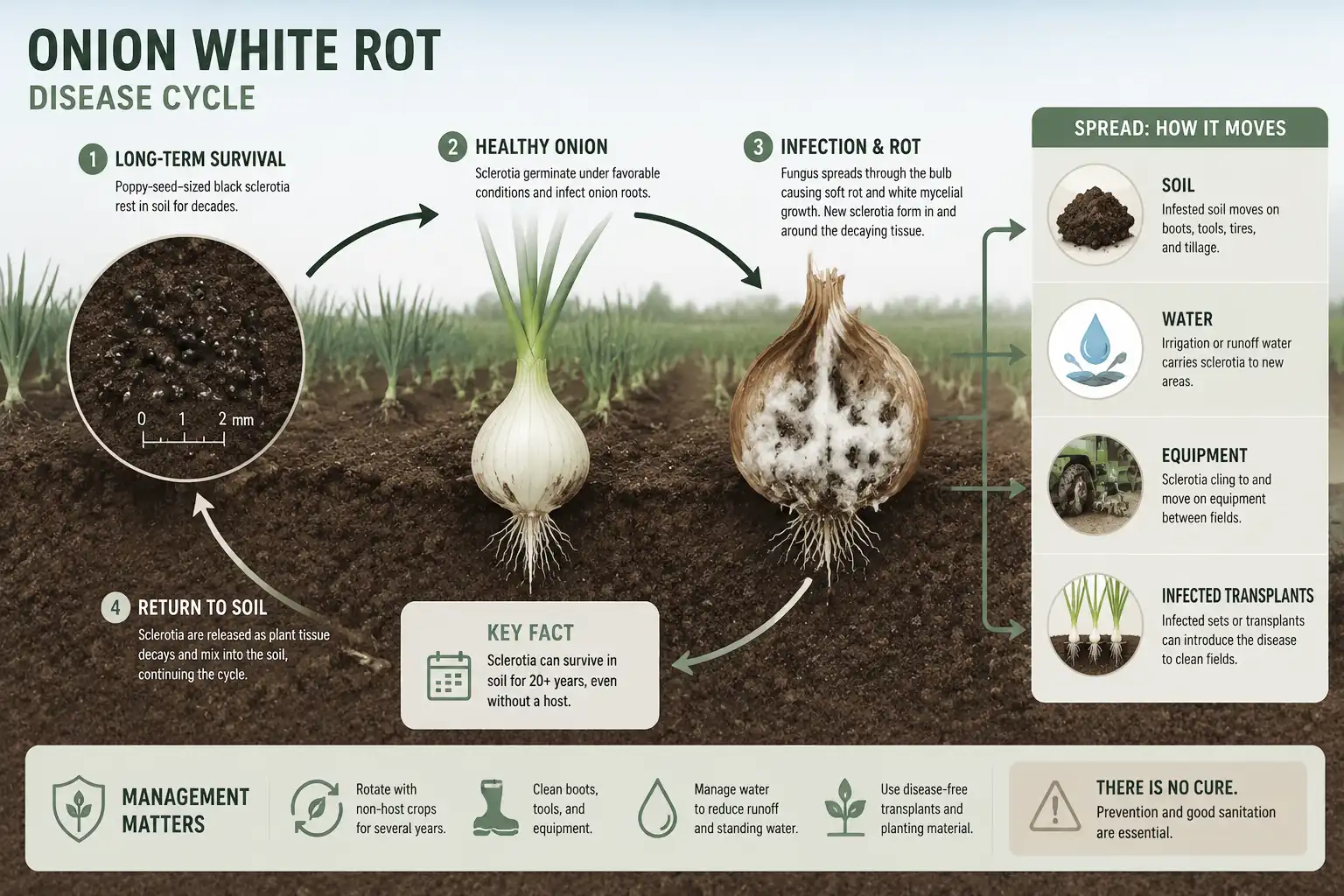 Diagram of how onion white rot fungus survives as sclerotia and spreads through soil, water, and infected allium transplants in Idaho