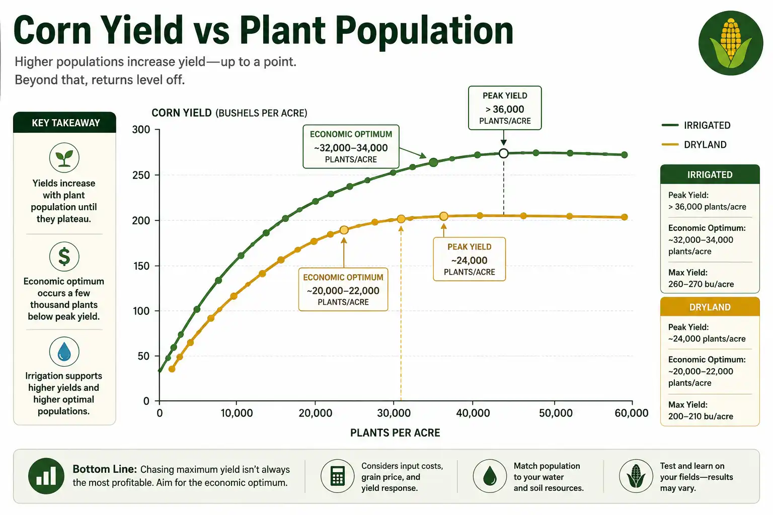 Infographic curve about how corn yield responds to plant population per acre for dryland and irrigated fields