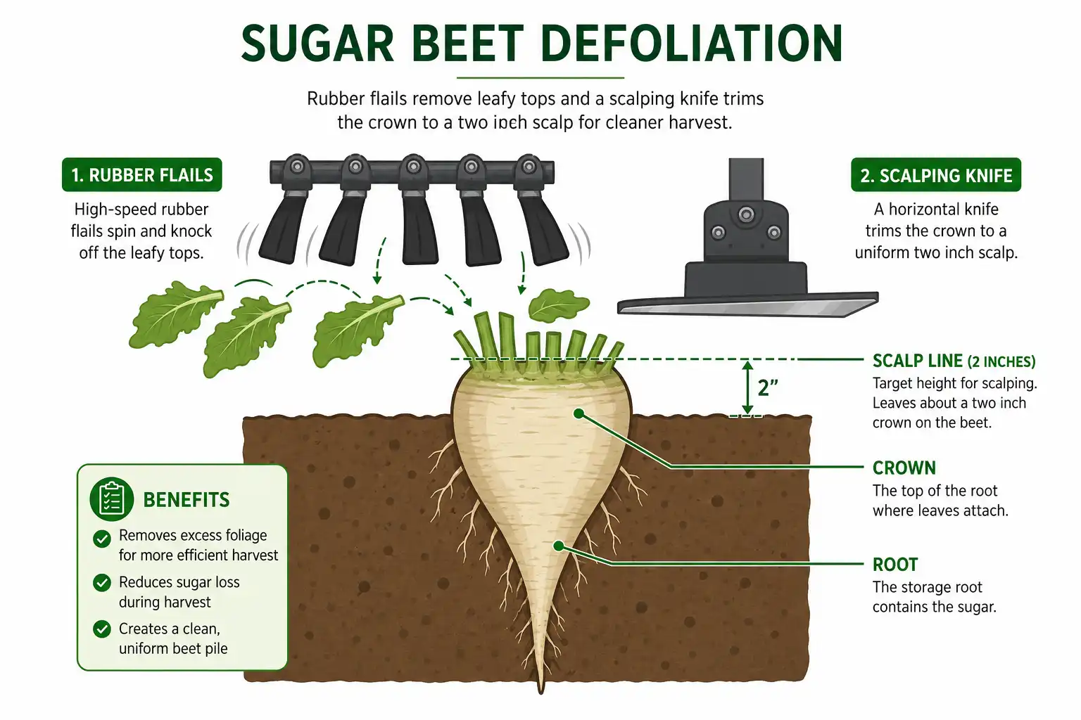Diagram of sugar beet topping about rubber flails and a scalping knife trimming the crown